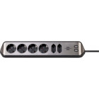 Estilo hoekaansluitdoosstrook met USB laadfunctie 6-weg 4x beschermend contactdoos & 2x Euro zilver/zwart